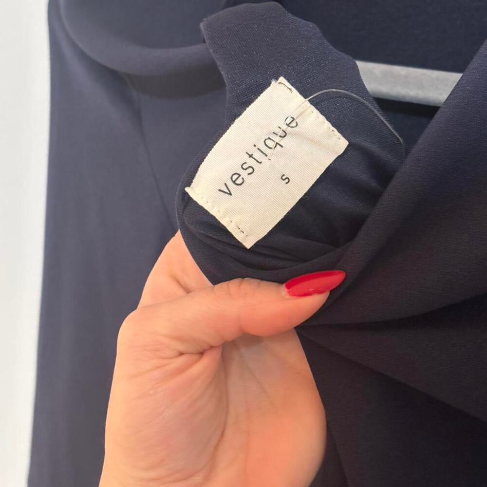 Vestique Navy Bell Sleeve Shift Dress Size S Elegant Mock Neck Dress - Picture 6 of 8
